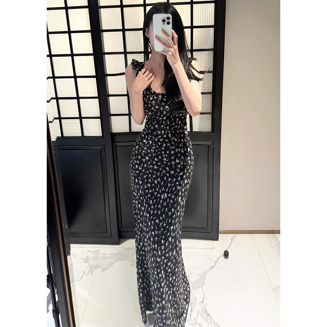 Black Floral French Fly-Sleeve Gown Dress