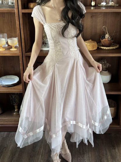 Smoky Pink Handcrafted Mesh-Lace Maxi Dress With Ribbons