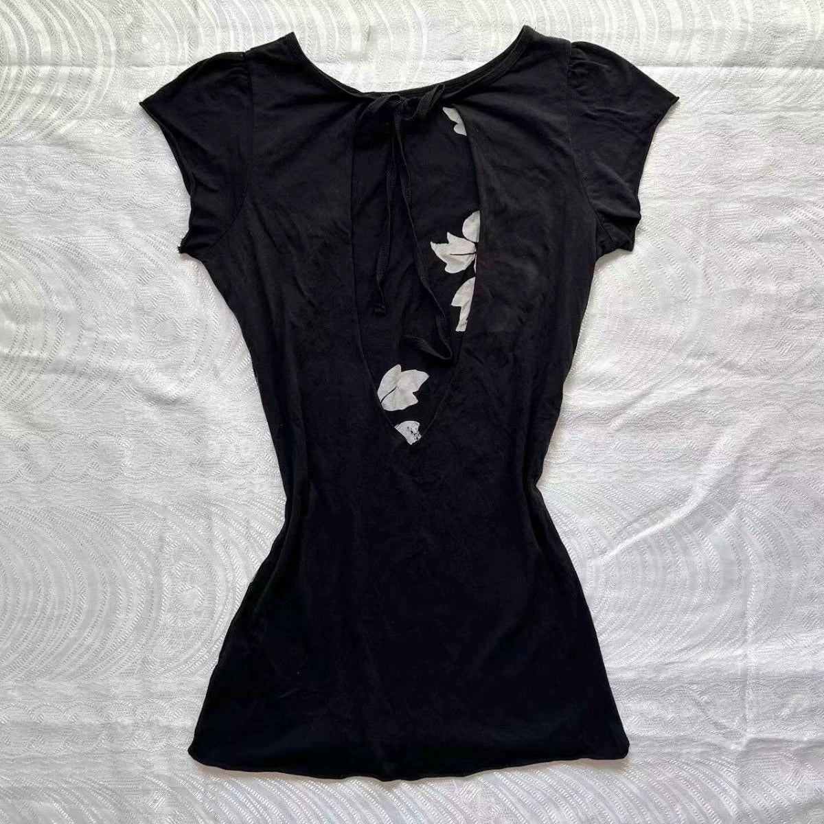 Black Subculture Y2K E-girl Abi American Retro Print Tie & Open-Back Short Sleeve Top