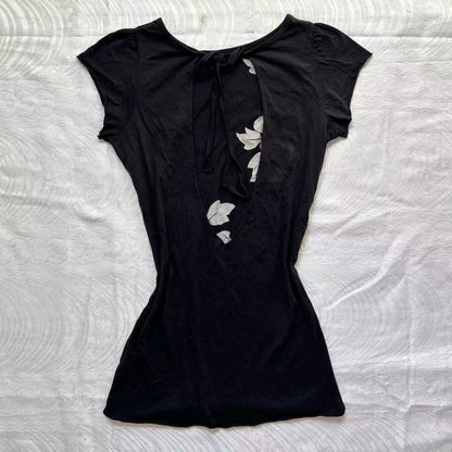 Black Subculture Y2K E-girl Abi American Retro Print Tie & Open-Back Short Sleeve Top