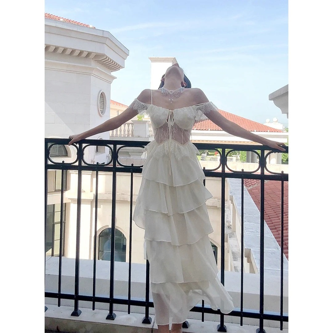 French Vintage Lace Halter Beach Gown Dress