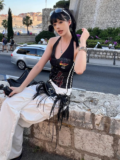 Retro Jersey Halter Crop Tank Asymmetric Hot-Girl Top