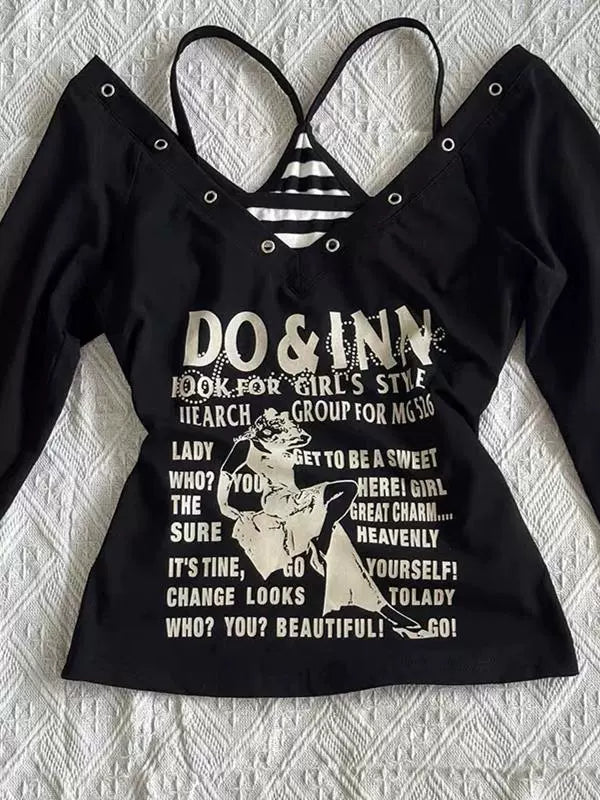 Black Long-Sleeve and Stripe Camisole Y2K Two Pieces Sets