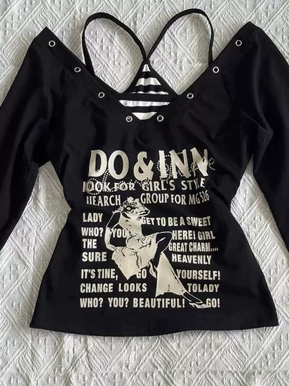 Black Long-Sleeve and Stripe Camisole Y2K Two Pieces Sets