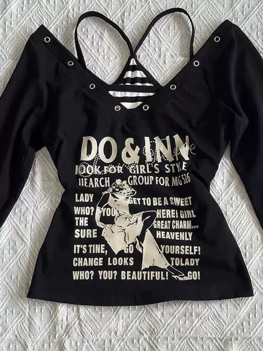 Black Long-Sleeve and Stripe Camisole Y2K Two Pieces Sets