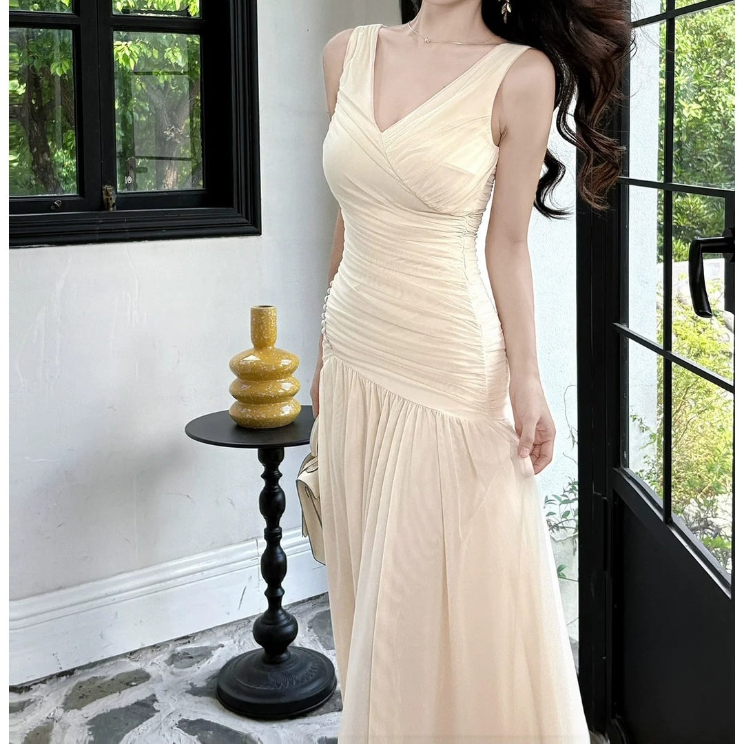 French V-Neck Asymmetrical Spaghetti Gown Dress