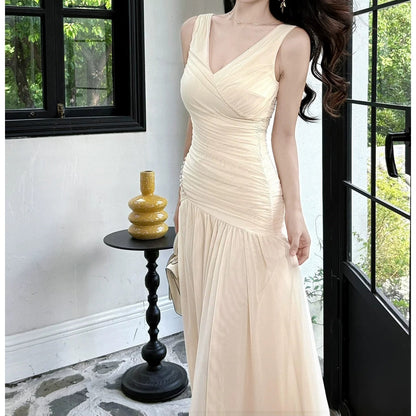 French V-Neck Asymmetrical Spaghetti Gown Dress