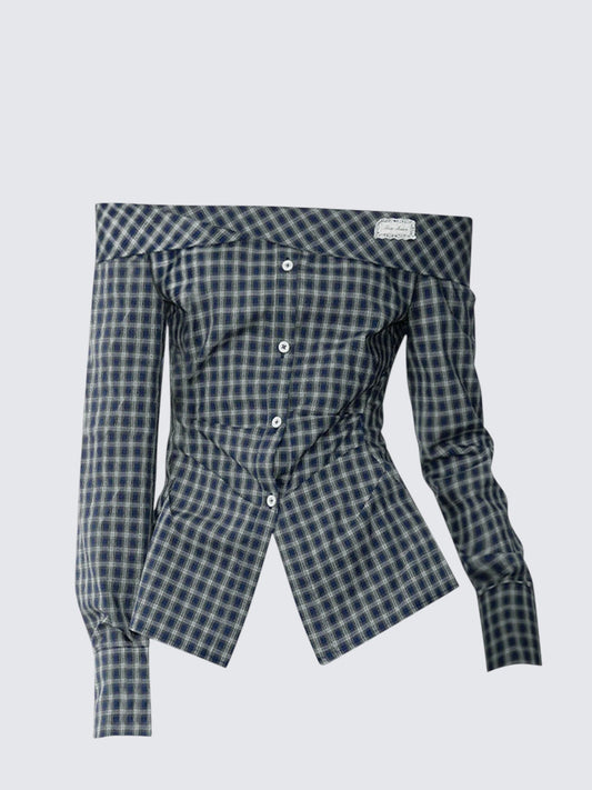 Off Shoulder Plaid Waist Shirt Women