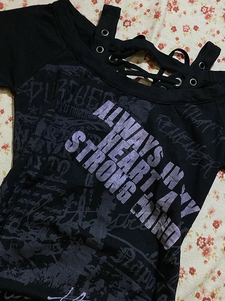 Black Subculture Punk Y2K E-girl Retro Print Drawstring Slim-Fit Waist Short Sleeve Top