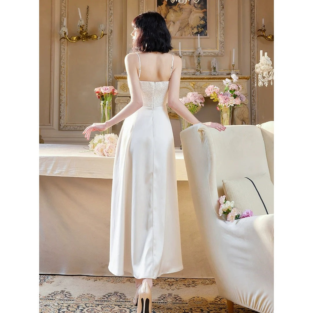French Luxury Satin Spaghetti Strap Gown Dress – Engagement and Party Dress