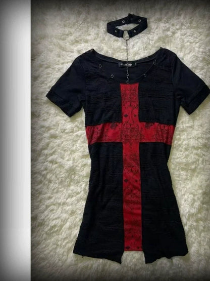 Black Red Cross Print Rock Punk Y2K T-Shirt