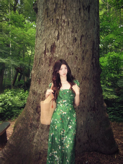 Reversible Forest Green Puff-Sleeve Maxi Dress