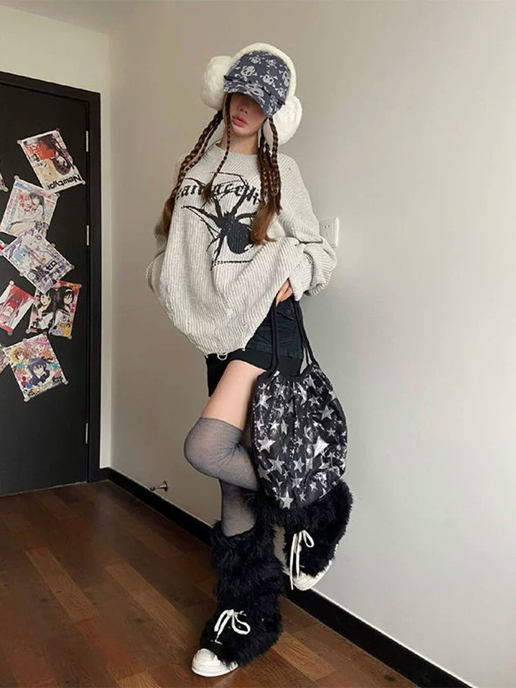 Gray Y2K Punk Light Subculture Retro Distressed Sweater