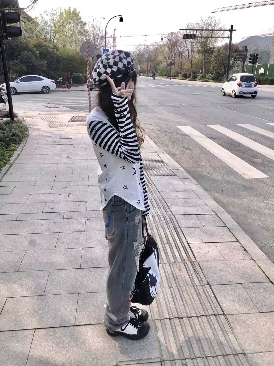 White & Plaid Rivet Skirt Set Subculture Punk Y2K Stripe Star Print Irregular Long Sleeve Top Set