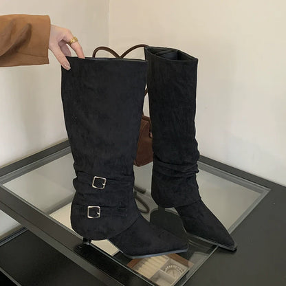 Suede Pointed Toe Slouchy Womens Boots Fall Winter New Removable Two Way Thin Heel Knee High High Heel Ankle Boots