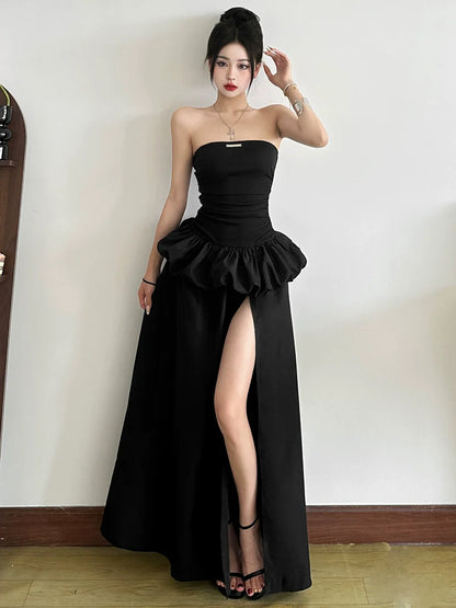 French Chic Black Fake Two-Piece Tube Top High-Slit Maxi Dress