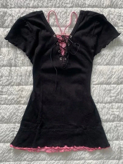 Black Subculture Punk Y2K Abi E-girl American Retro Print Fake Two-Piece Short Sleeve Top