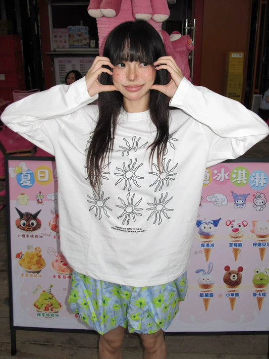 Korean Lazy Chic White Long Sleeve Tee  Sunflower Print Cotton Loose Fit Top