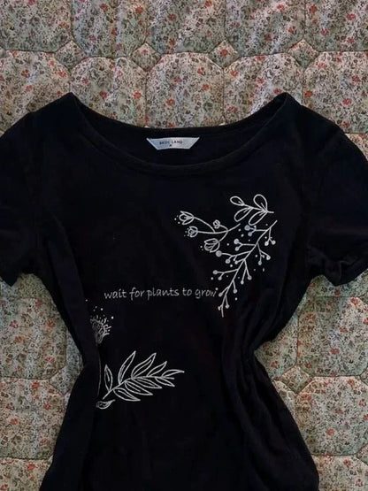 Black Chinese-Style Retro Print Waist-Cinched Y2K T-Shirt