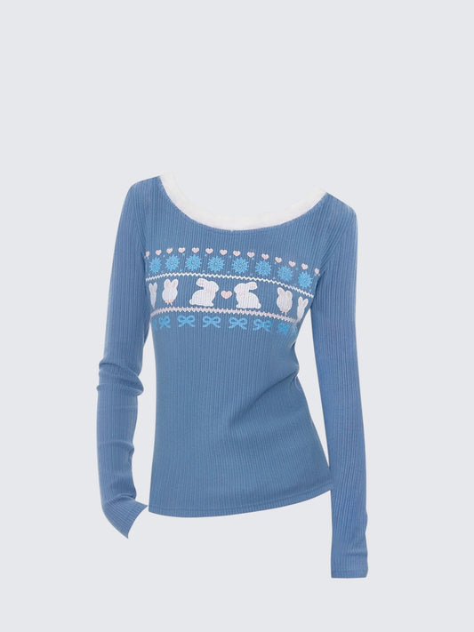 Rabbit Print Fur Collar Knit Top