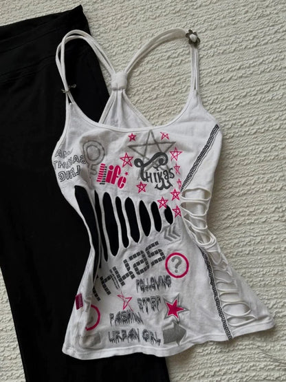 White Print Ripped Tank Top Subculture Y2K E-girl Abi American Retro Tank Top