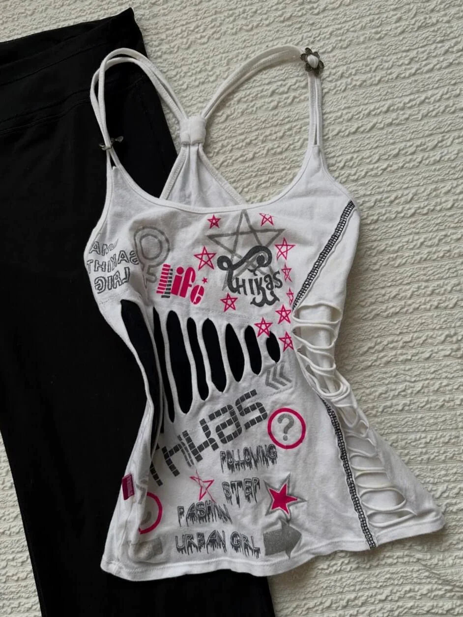 White Print Ripped Tank Top Subculture Y2K E-girl Abi American Retro Tank Top
