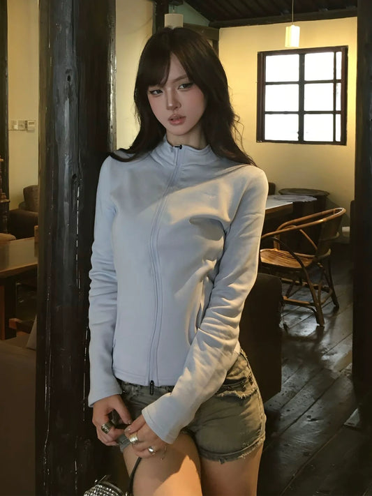 Korean Stand Collar Zip Jacket Retro Sporty Long Sleeve Top