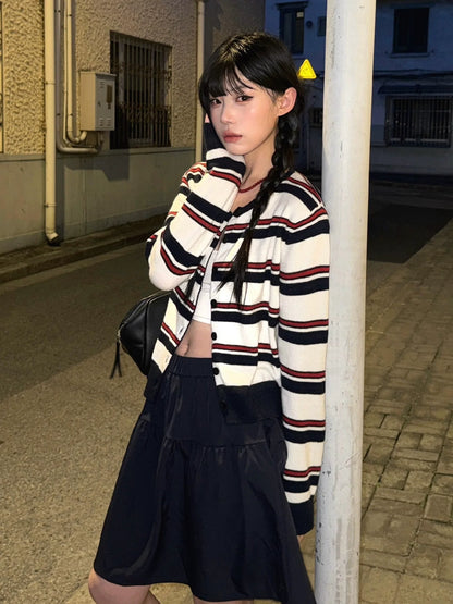Korean Lazy Stripe Knit Cardigan Vintage College Top