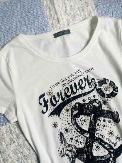 White Subculture Y2K E-girl Abi American Retro Vintage Print Waist-Cinched Short Sleeve Top