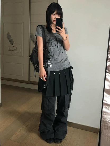 Y2K Printed Wide Neck Crop Top Slim Fit Tee