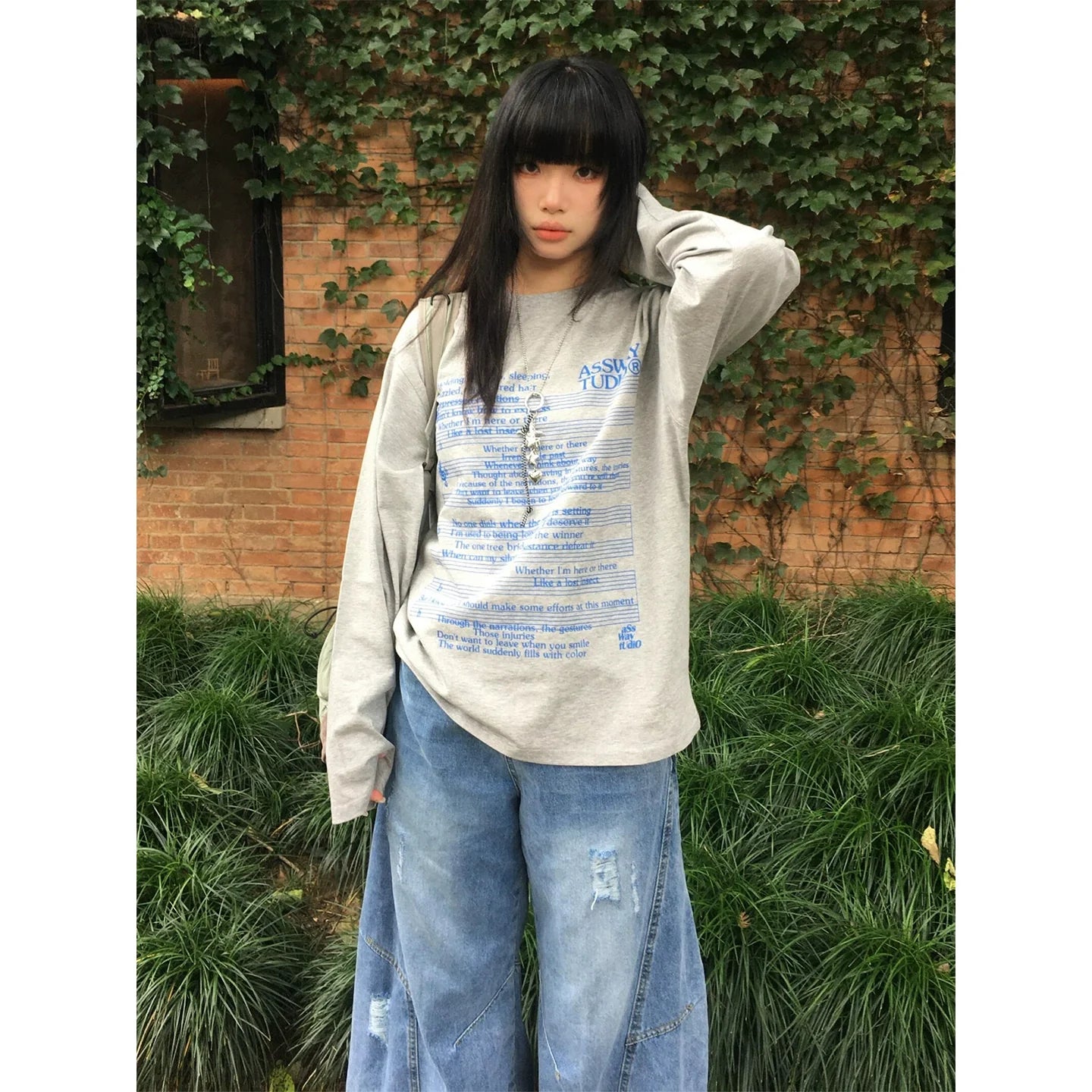Vintage Gray Music Print Long Sleeve Top for Autumn Winter