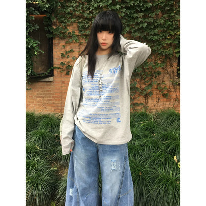 Vintage Gray Music Print Long Sleeve Top for Autumn Winter