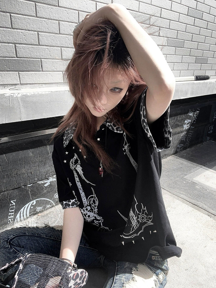 Y2K Leopard Patch Polo Tee