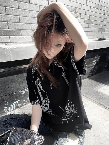 Y2K Leopard Patch Polo Tee