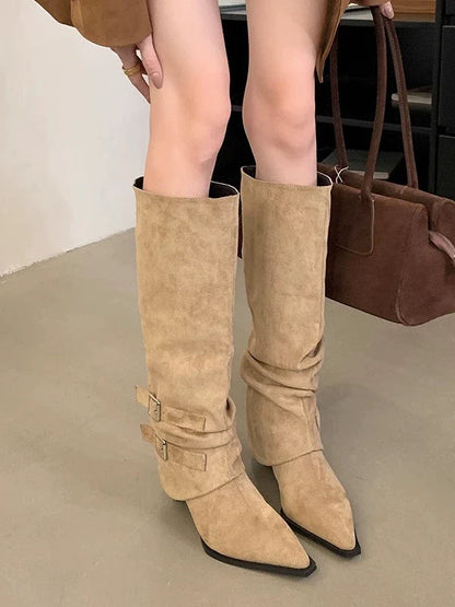 Suede Pointed Toe Slouchy Womens Boots Fall Winter New Removable Two Way Thin Heel Knee High High Heel Ankle Boots