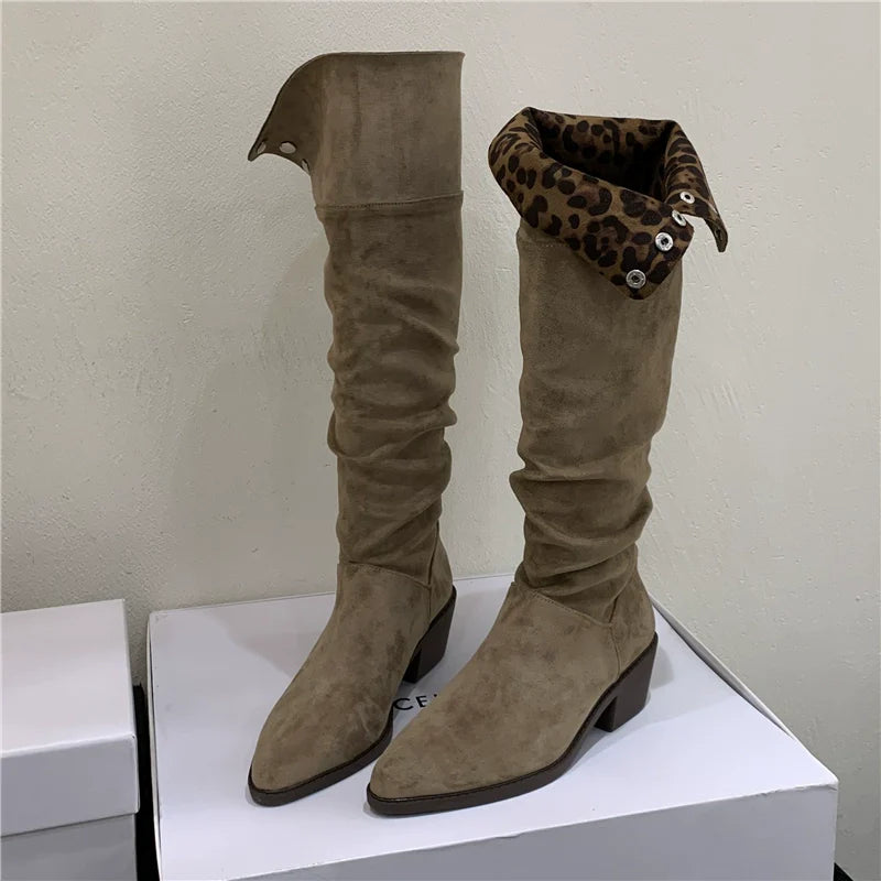 Versatile Foldable Slouchy Leopard Print Suede Retro Chunky Heel Western Knee High Women's Boots