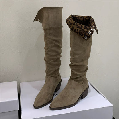 Versatile Foldable Slouchy Leopard Print Suede Retro Chunky Heel Western Knee High Women's Boots