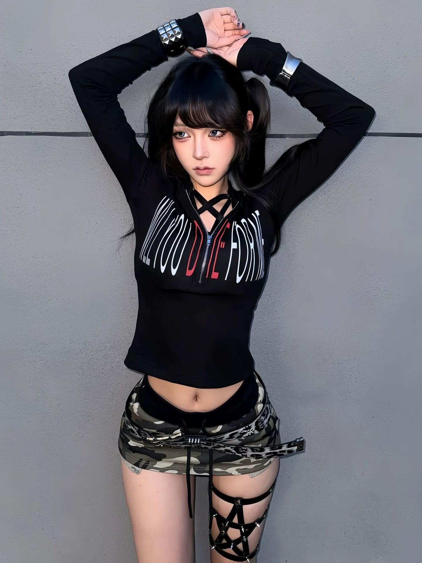 Subculture Snake Print Crop Hoodie Visual Kei Fitted Long Sleeve Top