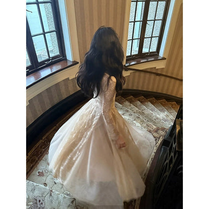 French Vintage Long Sleeve Lace Gown Dress