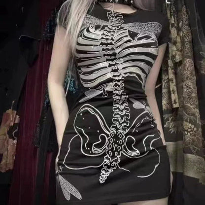 Black Bodycon Subculture Punk Y2K E-girl Gothic Skull Skeleton Print Dress