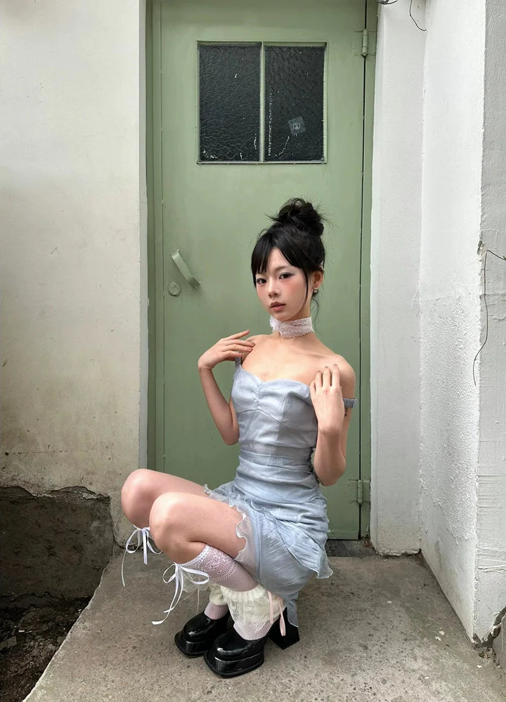 Soft Vibe Sheer Satin Off-The-Shoulder Ruffled Asymmetrical Hot Girl Summer Mini Dress