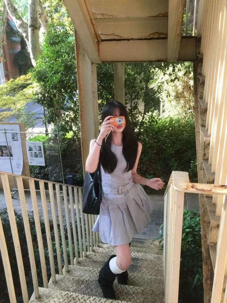 French Blue Sleeveless Tank Dress with Pleated Hem