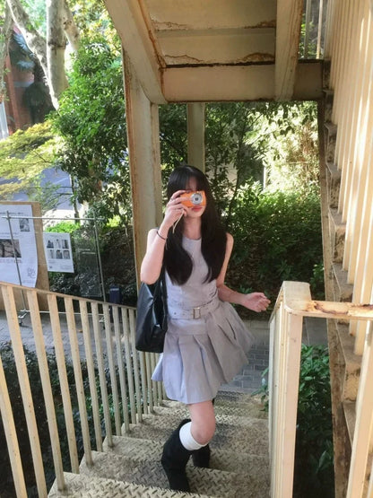 French Blue Sleeveless Tank Dress with Pleated Hem