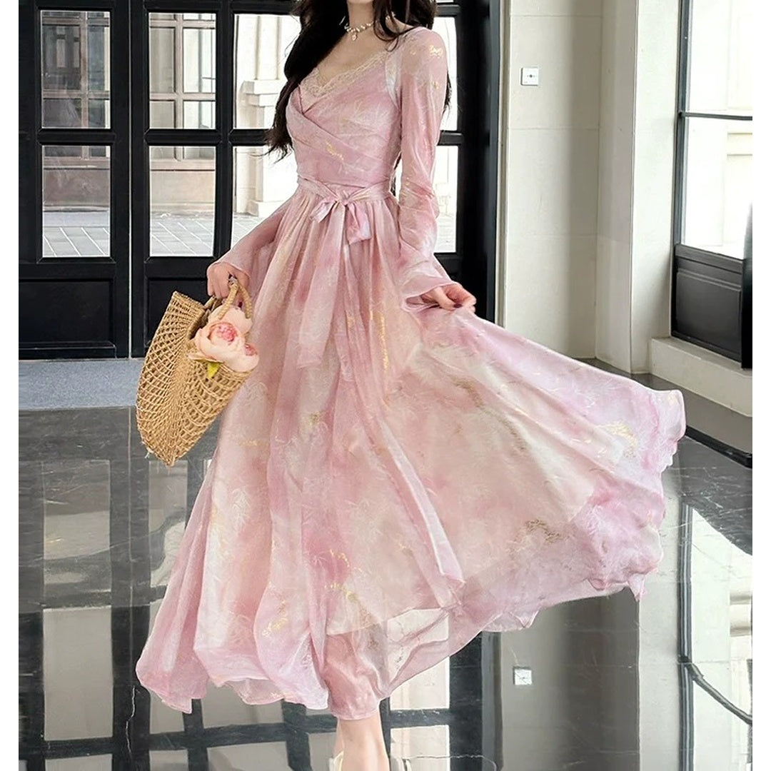 Pink Floral Chiffon Gown Prom Dress