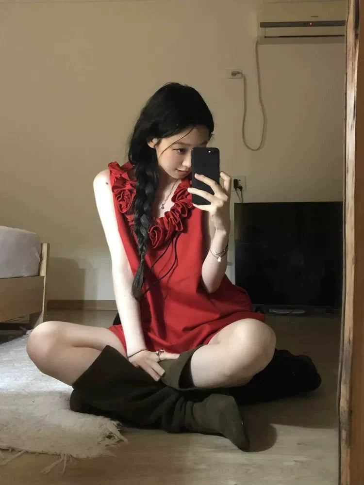 Red French-Inspired Sleeveless Mini Dress With 3D Rose Details