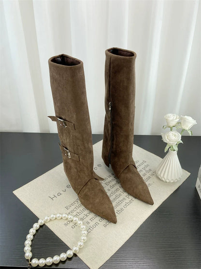 Fall Winter European Fashion Pointed Toe Wedge Knee High Buckle Suede Chunky Heel Spicy Girl Trouser Boots