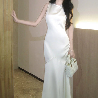 Simple White Satin Sleeveless Bodycon Gown Dress