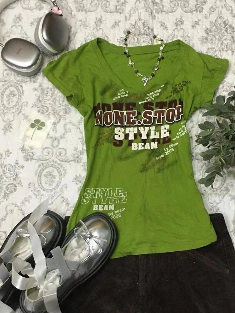Green Misplaced Print Subculture Y2K E-girl Abi American Retro Foreign Vintage Slim Short Sleeve Top