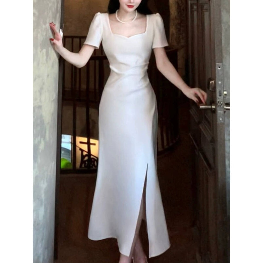 French Short Sleeve Square Neck Gown Dress