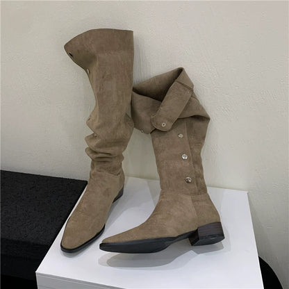 Versatile Fall Winter Foldable Slouchy Suede Chunky Heel Western Cowboy Knee High Women's Boots